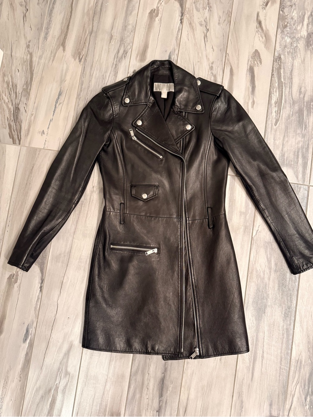 MICHAEL Michael Kors Black Leather Long Moto Coato